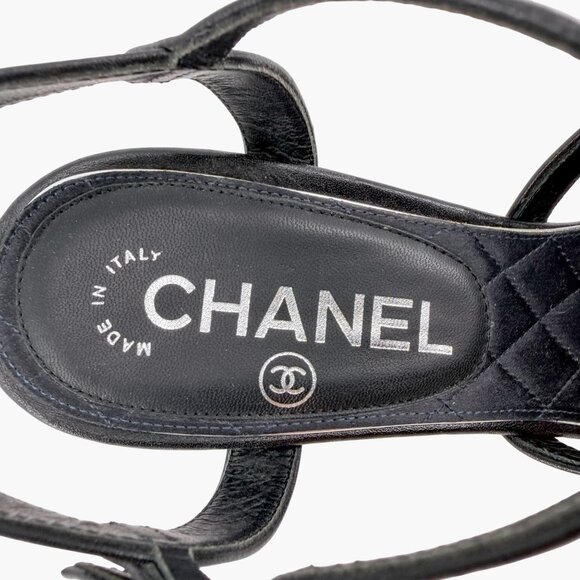 Chanel Black Leather Crystal CC Strappy Heeled Sandals Shoes Size 37 US 6–6.5 - Picture 13 of 13